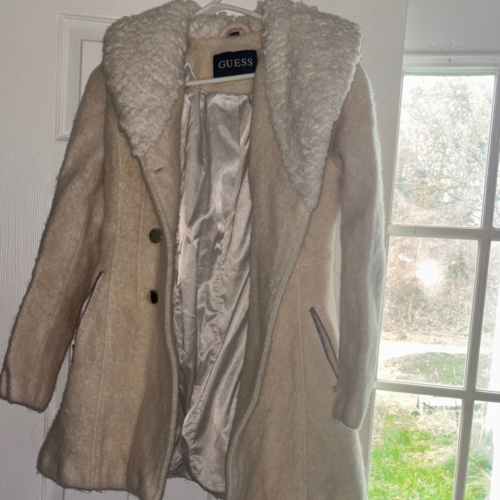 GUESS Women's Cream Teddy Jacket with Faux Fur Collar